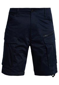 Navy blue cargo shorts made of durable fabric, featuring multiple pockets, including a zippered side pocket, and a button-fly closure.