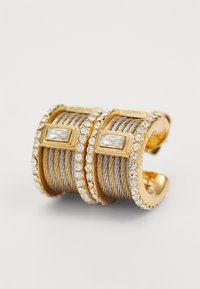 Gold and silver-tone cuff bracelet featuring intertwined strands, embellished with clear rhinestones and rectangular accents.