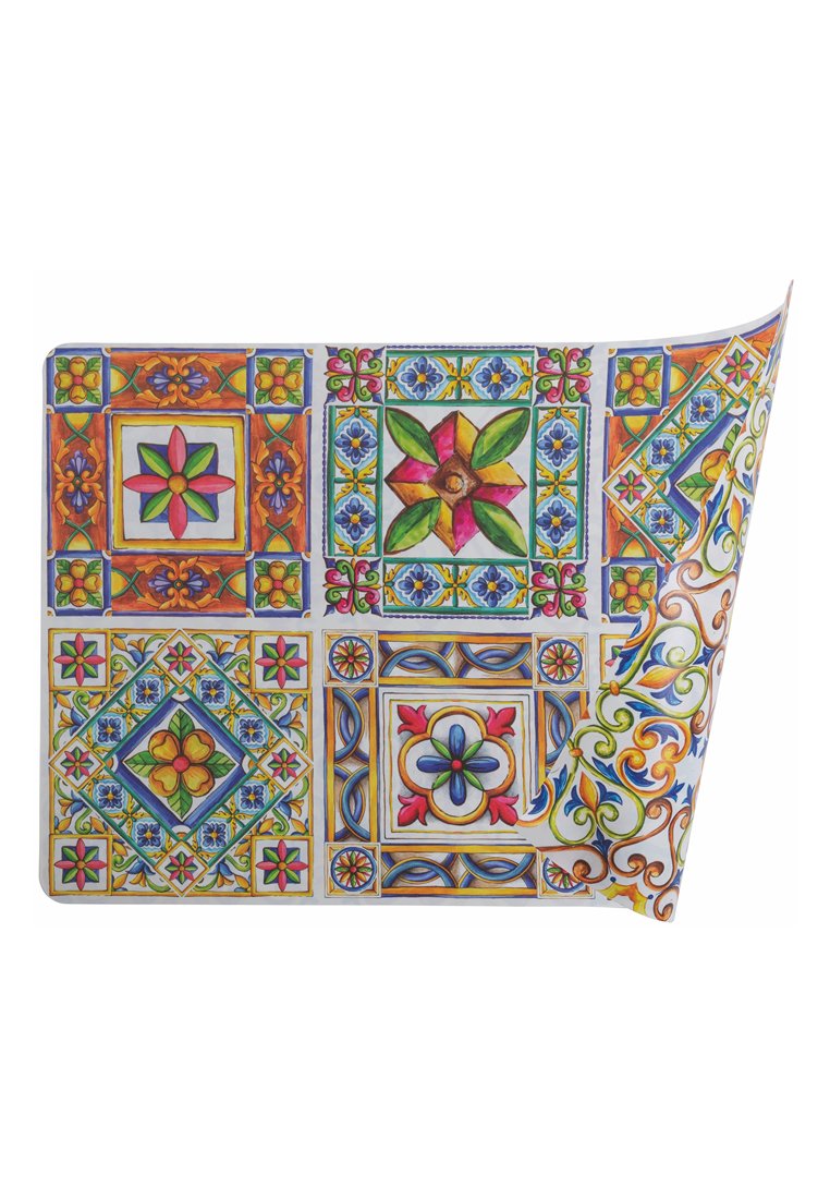 Kolorowy wzór płytek z geometrycznymi motywami i kwiatami, żywe odcienie czerwieni, niebieskiego, zielonego i żółtego, gładka tekstura papieru.