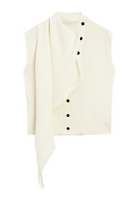 Ärmelloses weißes Stricktop mit drapiertem Schal-Detail, fünf schwarzen Knöpfen auf der Vorderseite und einer glatten, weichen Textur.