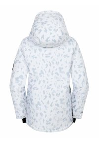 Hvid jakke med grå abstrakte pletter, hætte og sorte detaljer. Glat stof, mellemlange ærmer og et buet kantdesign.