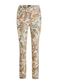 Bloemmotiefbroeken met een crème achtergrond, voorzien van veelkleurige paisley- en botanische ontwerpen. Gemaakt van lichte stof.