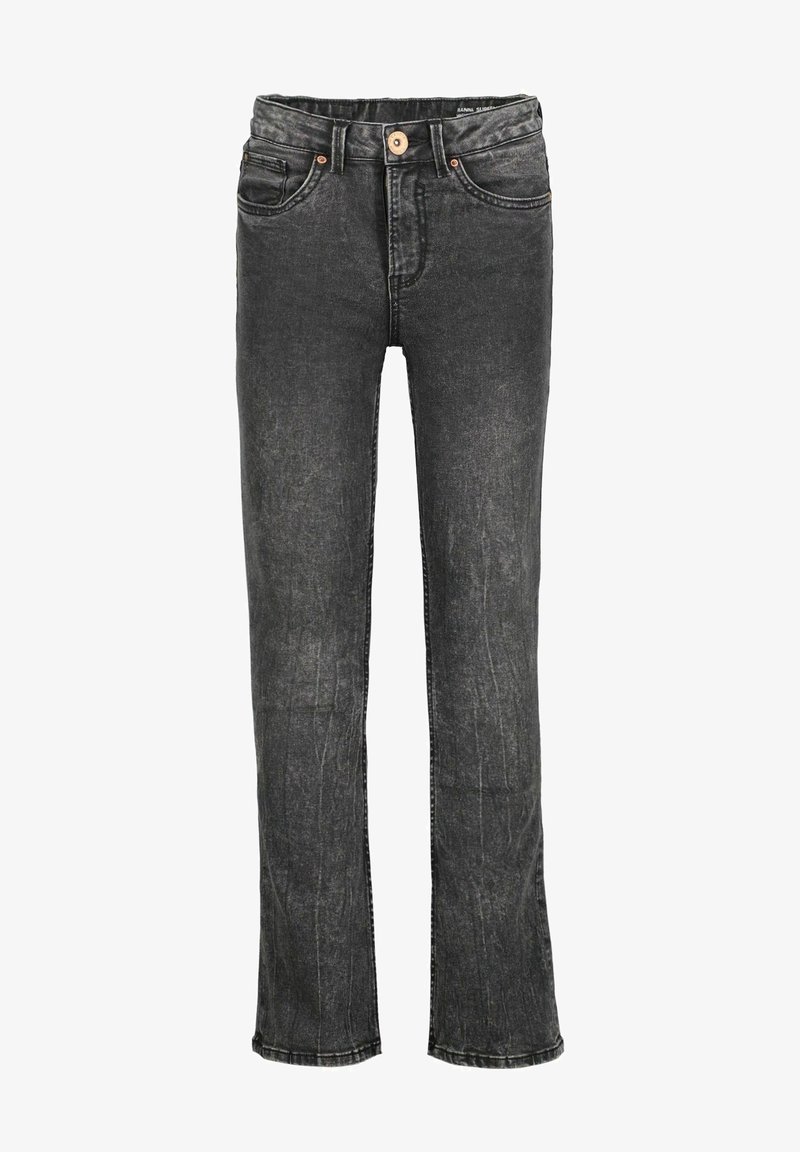Jean denim droit gris noir délavé avec cinq poches, passants de ceinture et fermeture à l'avant par bouton et zip.