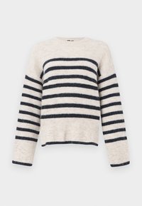 Pull rayé crème et marine, en tissu texturé. Il présente un col rond ainsi que des poignets et un ourlet côtelés. Coupe décontractée.