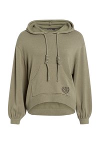 Olivgrüner Kapuzenpulli mit einer Fronttasche, geripptem Saum und Bündchen, strukturiertem Stoff und einem herzförmigen Logo auf der unteren linken Seite.