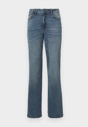 Modre ravne denim hlače s sprednjim gumbom in zadrgo, sprednjimi in zadnjimi žepi ter subtilnim zbledelim detajlom.