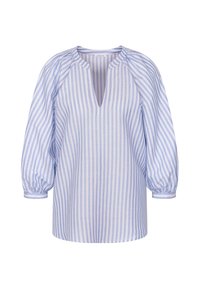 Blouse à rayures verticales bleu clair et blanc avec manches ballon trois-quarts et encolure en forme de goutte.