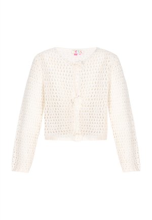 Biały sweter na zamek z długimi rękawami, otwartym przodem, teksturowanym wzorem i guzikiem w kształcie kwiatu. Lekki, krótki kroj.