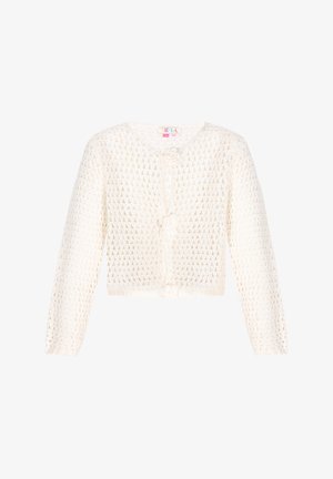 Valge kudumistehnikaga kardigan pikki varrukatega, avatud ees, tekstuuriga disain ja lilleline nööbikinnitus. Kerge, lühike stiil.