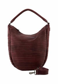 Sac à main en cuir bordeaux avec une forme incurvée, des rayures horizontales texturées, une fermeture éclair et une bandoulière amovible.