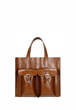 Hnědá kožená taška přes rameno se dvěma předními kapsami na přezku a dvojitými uchy, hladký povrch, obdélníkový tvar.