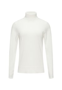 Pull à col roulé blanc, en tissu doux, avec des manches longues et une coupe ajustée, présentant une texture côtelée aux poignets et à l'ourlet.