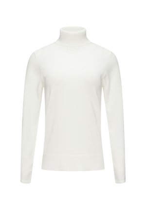 Pull à col roulé blanc, en tissu doux, avec des manches longues et une coupe ajustée, présentant une texture côtelée aux poignets et à l'ourlet.
