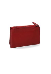 Rote Leder-Geldbörse mit einem gesteppten Design, Reißverschluss und schlanker rechteckiger Form. Glatte Textur und keine sichtbaren Hardware-Akzente.