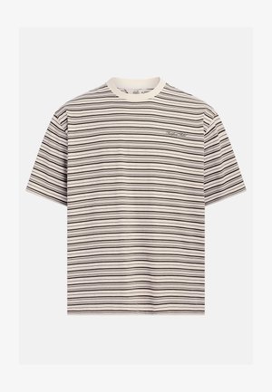 Stripete T-skjorte i bomull med horisontale svarte og hvite striper, rund hals og en liten logo på brystet. Kortermet.