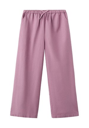 Pantalon lavande à jambes larges avec taille élastique et cordon de serrage à l'avant, avec poches latérales et coupe décontractée.