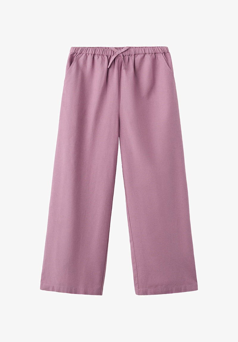 Pantalon lavande à jambes larges avec taille élastique et cordon de serrage à l'avant, avec poches latérales et coupe décontractée.