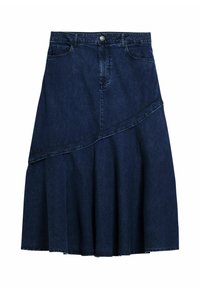 Gonna A-line in denim scuro con vita alta, tasche laterali e orlo asimmetrico con dettagli di cucitura sottili.