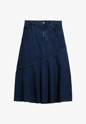 Dark denim A-line skirt featuring a high waist, side pockets, and an asymmetrical hemline with subtle stitching details.