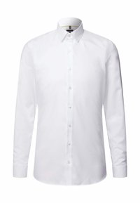 Weißes Langarmhemd aus Baumwolle mit Button-Down-Kragen. Verfügt über eine Frontleiste mit Knöpfen und schmal zulaufenden Ärmeln. Glatte Textur.