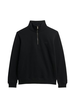 Zwarte fleece pullover met een hoge kraag en kwartrits. Voorzien van een subtiele logo op de borst en geribbelde manchetten en zoom. Zachte stoftextuur.