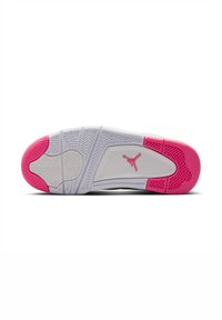 Vit sneakersula med rosa yttersulor, texturerad gummi för grepp och en logotyp i mitten. Har ett vågigt mönster på sulan.