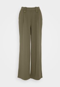 Weite Hose aus olivgrünem Stoff. Mit einem hohen Bund, zwei vorderen Knöpfen und Faltenwurf. Sanfte Textur und lässige Silhouette.
