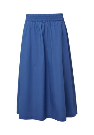 Jupe midi bleue en tissu léger. Dotée d'une taille élastique et d'une coupe évasée fluide avec une texture lisse. Pas de motifs visibles.