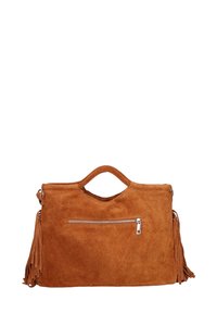 Borsa a tracolla in suede marrone con una superficie testurizzata, dotata di manico superiore, tasca frontale con zip e dettagli a frange laterali.