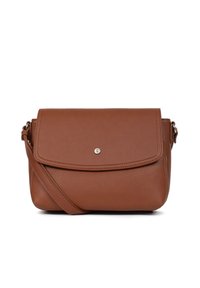 Borsa a tracolla in pelle marrone con finitura texture, chiusura a pattina e dettaglio di snap in argento. Inclusa una tracolla regolabile.