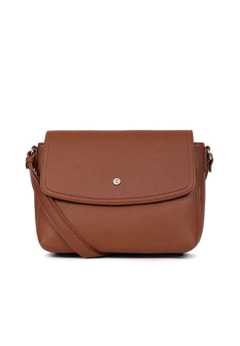 Borsa a tracolla in pelle marrone con finitura texture, chiusura a pattina e dettaglio di snap in argento. Inclusa una tracolla regolabile.