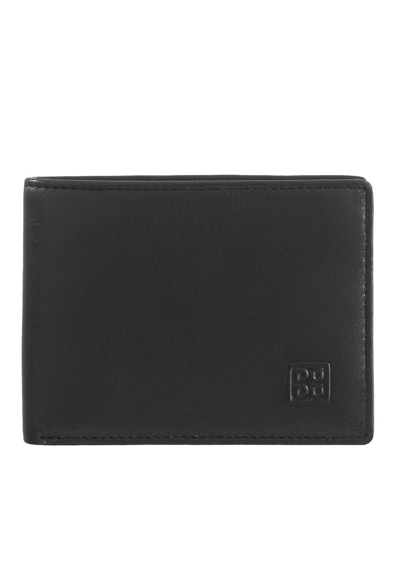 Black leather wallet with a smooth texture, bi-fold design, and embossed logo detail. Minimalist style with no visible hardware.