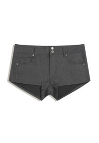Șorturi din denim gri, cu două buzunare frontale, două butoane frontale și un design ajustat. Țesătura are o textură netedă.