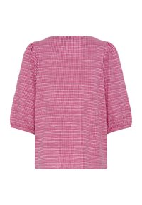 Różowa bluzka w białą kratę, z rękawami o długości do łokcia i prostym dołem.