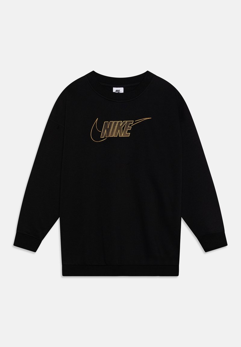 Sweat-shirt noir à manches longues Nike avec logo doré en contour et swoosh sur la poitrine, col rond et poignets et ourlet côtelés.
