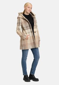 Hüftlanger Mantel in braun-beige Karo, der Stoff ist weich. Mit einem einzigen Knopfverschluss, zwei Taschen und einer lockeren Passform.