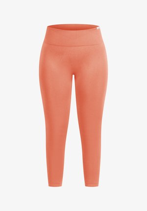 Leggings pour femmes couleur corail, taille haute, avec une large ceinture côtelée et une petite étiquette logo à la taille.