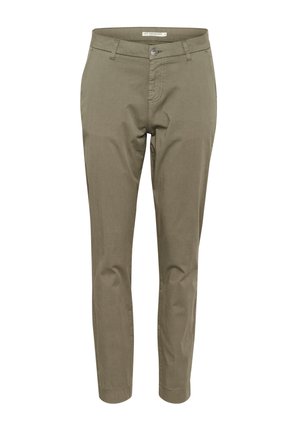 Olivově zelené kalhoty vyrobené z bavlněné směsi, slim fit, s knoflíkovým zapínáním a předními kapsami. Hladká textura a zúžené nohavice.