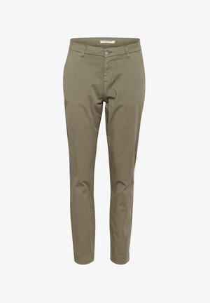 Pantaloni verzi măslinii dintr-un amestec de bumbac, ajustați, cu închidere cu nasture și buzunare frontale. Textură netedă și picioare conice.