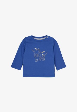 Blaues Langarmkleid für Kleinkinder mit Knopf an der Schulter und verspielten Hundemotiven sowie dem Aufdruck "LASST UNS SPIELEN!" auf der Vorderseite.