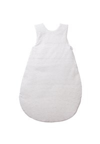 Schlafsack mit abgerundeter Form, aus weichem Stoff gefertigt, mit grau-weißen horizontalen Streifen und Schulterriemen für ein einfaches Tragen.