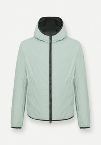 Šviesiai žalia zip-up striukė su kapišonu, turinti juodą vidinį pamušalą ir apykaklę, lygaus tekstūros ir elastingomis rankovėmis.