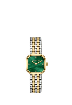 Vierkant horloge in goudkleur met groene wijzerplaat, gouden wijzers, vier diamanten markers en een tweekleurige zilver- en gouden schakelarmband.