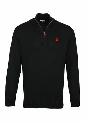 Pull-over en maille noire avec fermeture éclair quart et petit logo rouge brodé sur le côté gauche de la poitrine.