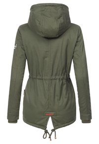 Olive green parka with a hood, drawstring waist, and ribbed cuffs. Features a back vent and logo on the sleeve. Smooth, textured fabric.