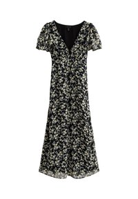 Vestido midi negro con estampado de margaritas blancas y amarillas, escote en V y mangas cortas abullonadas.