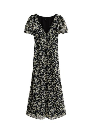 Robe noire midi avec imprimé de marguerites blanches et jaunes, décolleté en V et courtes manches bouffantes.