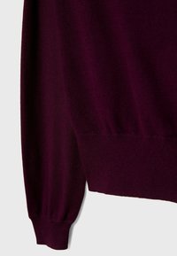 Pull à manches longues en bordeaux profond avec poignets et ourlet côtelés sur un fond gris clair.