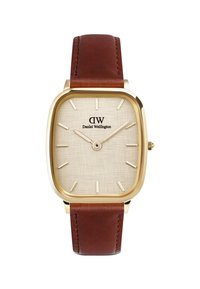 Gold rectangular watch with a beige textured dial, dark brown leather strap, and silver hour markers and hands. Features brand logo.