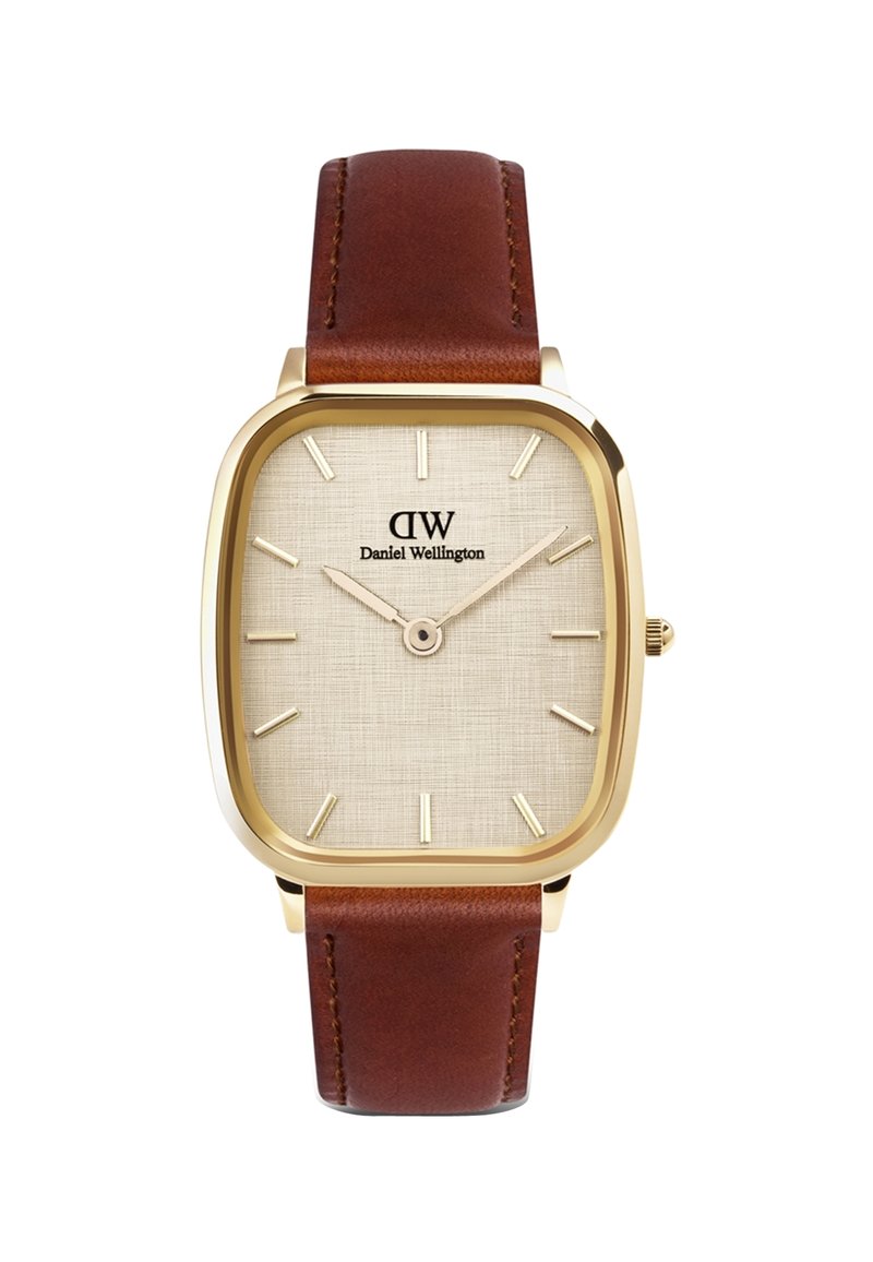 Gold rectangular watch with a beige textured dial, dark brown leather strap, and silver hour markers and hands. Features brand logo.